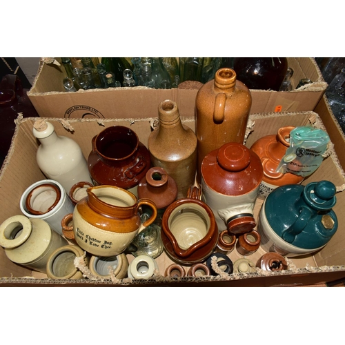 410 - FOUR BOXES OF STONEWARE SALT GLAZED JARS AND ANTIQUE/VINTAGE GLASS BOTTLES, to include salt glazed i... 