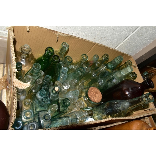 410 - FOUR BOXES OF STONEWARE SALT GLAZED JARS AND ANTIQUE/VINTAGE GLASS BOTTLES, to include salt glazed i... 