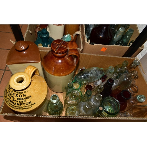 410 - FOUR BOXES OF STONEWARE SALT GLAZED JARS AND ANTIQUE/VINTAGE GLASS BOTTLES, to include salt glazed i... 