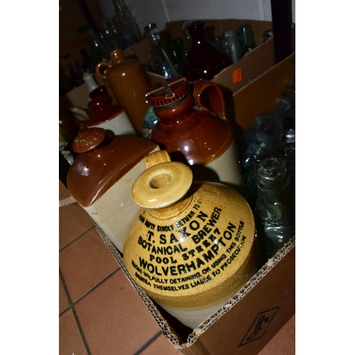 410 - FOUR BOXES OF STONEWARE SALT GLAZED JARS AND ANTIQUE/VINTAGE GLASS BOTTLES, to include salt glazed i... 