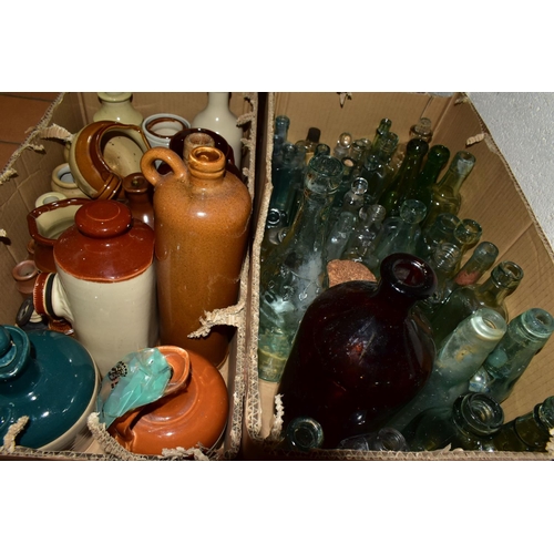 410 - FOUR BOXES OF STONEWARE SALT GLAZED JARS AND ANTIQUE/VINTAGE GLASS BOTTLES, to include salt glazed i... 