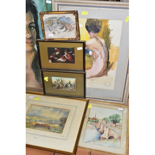 439 - PAINTINGS AND PRINTS TO INCLUDE A JOHN HIRST NUDE FIGURE STUDY, signed bottom right, watercolour on ... 