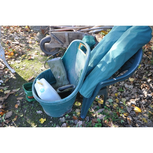 1009 - THREE CAMPING CHAIRS in original bags, two green plastic chairs, wheeled plastic garden tub, pair of... 