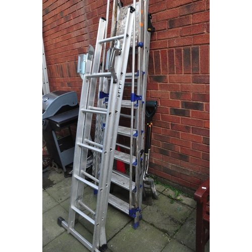 1008 - THREE SETS OF ALUMINIUM LADDERS the longest being 240cm long, a platform, a spade, a shovel and a fo... 