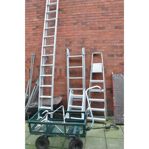 1013 - AN ALUMINIUM DOUBLE EXTENSION LADDER  with 13 rungs to each 340cm length, two step ladders, a stand ... 