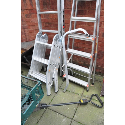 1013 - AN ALUMINIUM DOUBLE EXTENSION LADDER  with 13 rungs to each 340cm length, two step ladders, a stand ... 