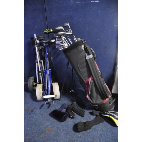 1051 - A SELECTION OF GOLFING EQUIPMENT to include a Progen golf bag containing various clubs, Voodoo, Slaz... 