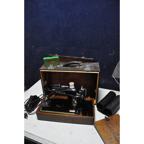 1061 - A VINTAGE SINGER 99K SEWING MACHINE in wooden case with some accessories (UNTESTED) along with a vin... 