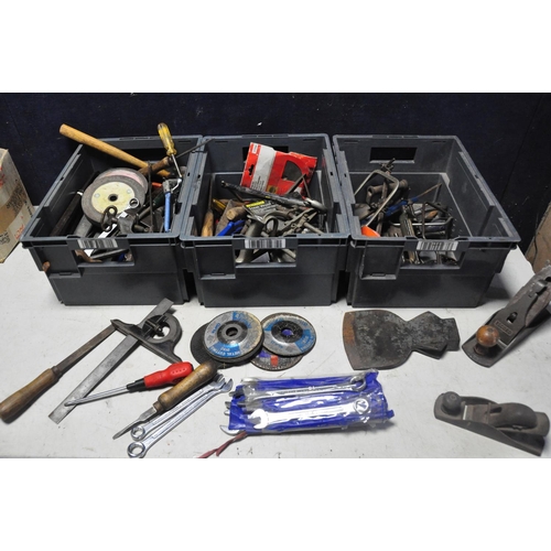 1087 - THREE TUBS CONTAINING A LARGE COLLECTION OF VINTAGE TOOLS to include planes, saws, cutting discs, ch... 