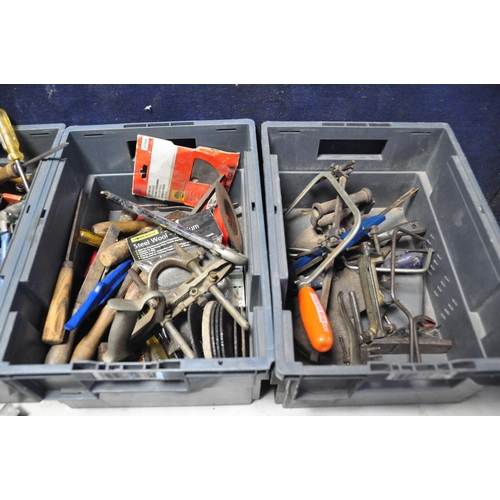 1087 - THREE TUBS CONTAINING A LARGE COLLECTION OF VINTAGE TOOLS to include planes, saws, cutting discs, ch... 