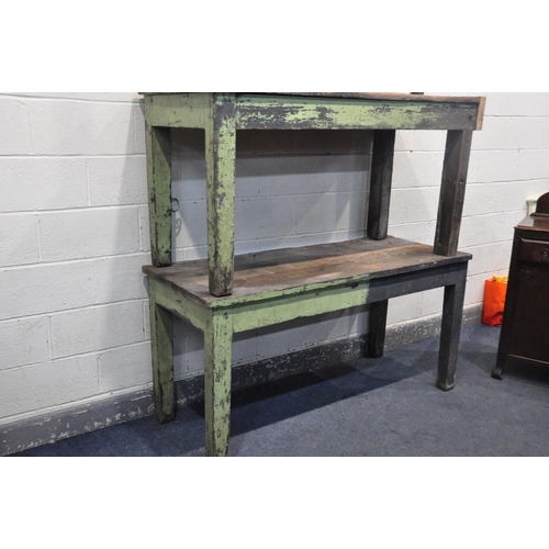 1089 - THREE VINTAGE WOODEN WORKBENCHES comprising two workbenches measuring width 160cm x depth 64cm x hei... 