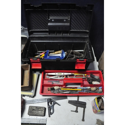 1090 - A SELECTION OF VINTAGE TOOLS to include a toolbox containing levels, clamps, screwdrivers, staple gu... 