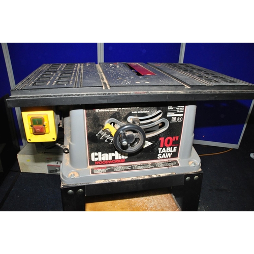 1111 - A CLARKE CTS10PLM 10in TABLE SAW on metal base with wooden shelf (PAT pass and working)