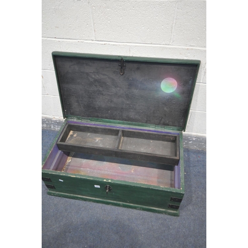 1203 - A GREEN PAINTED TOOL CHEST, with a single tray, width 91cm x depth 49cm x height 33cm