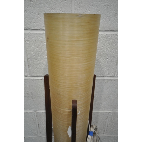 1204 - A MID-CENTURY SPUN FIBREGLASS ROCKET LAMP, on triple teak legs, height 113cm (condition:-good condit... 