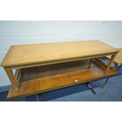 1208 - A CONTEMPORARY WALNUT FINISH TRESTLE COFFEE TABLE, length 171cm x depth 66cm x height 58cm, and two ... 