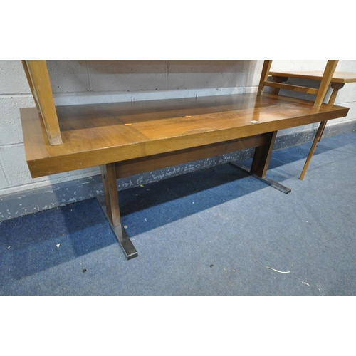 1208 - A CONTEMPORARY WALNUT FINISH TRESTLE COFFEE TABLE, length 171cm x depth 66cm x height 58cm, and two ... 