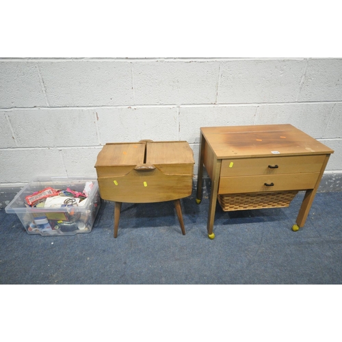 1210 - A MID-CENTURY WALNUT SEWING BOX, with a wicker basket, a teak sewing box, and a box of sewing access... 