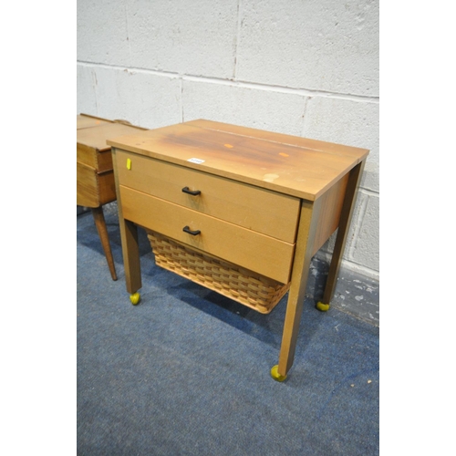 1210 - A MID-CENTURY WALNUT SEWING BOX, with a wicker basket, a teak sewing box, and a box of sewing access... 