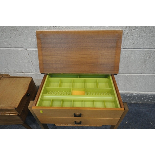 1210 - A MID-CENTURY WALNUT SEWING BOX, with a wicker basket, a teak sewing box, and a box of sewing access... 