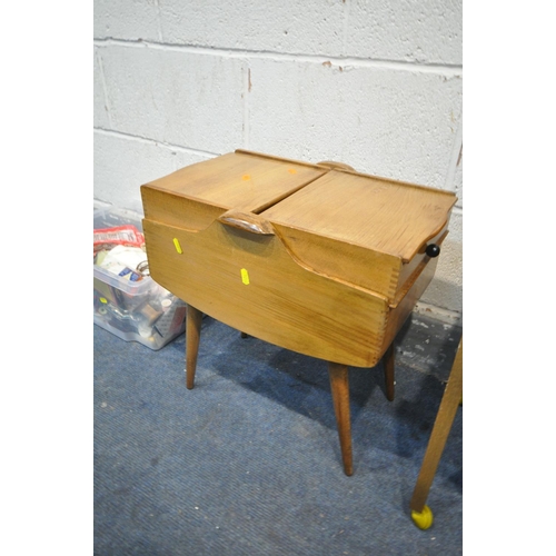 1210 - A MID-CENTURY WALNUT SEWING BOX, with a wicker basket, a teak sewing box, and a box of sewing access... 