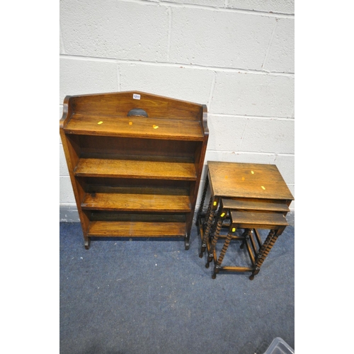 1211 - A 20TH CENTURY OAK FOUR TIER BOOKCASE, width 66cm x depth 20cm x height 97cm, along with a bobbin tu... 