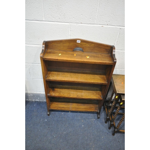 1211 - A 20TH CENTURY OAK FOUR TIER BOOKCASE, width 66cm x depth 20cm x height 97cm, along with a bobbin tu... 