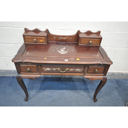 1213 - A 20TH CENTURY CHINESE DRESSING TABLE/DESK, the raised back with two drawers, above three sized draw... 