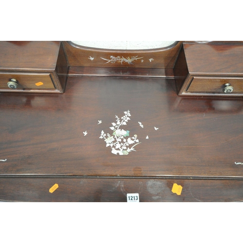 1213 - A 20TH CENTURY CHINESE DRESSING TABLE/DESK, the raised back with two drawers, above three sized draw... 