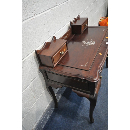 1213 - A 20TH CENTURY CHINESE DRESSING TABLE/DESK, the raised back with two drawers, above three sized draw... 