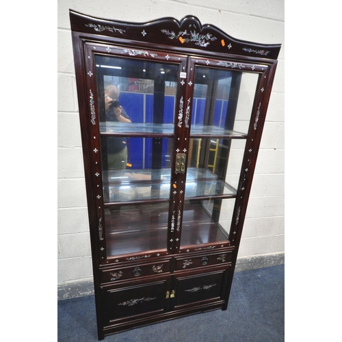 1214 - A 20TH CENTURY CHINESE GLAZED TWO DOOR DISLPAY CABINET, enclosing two glass shelves, with two drawer... 