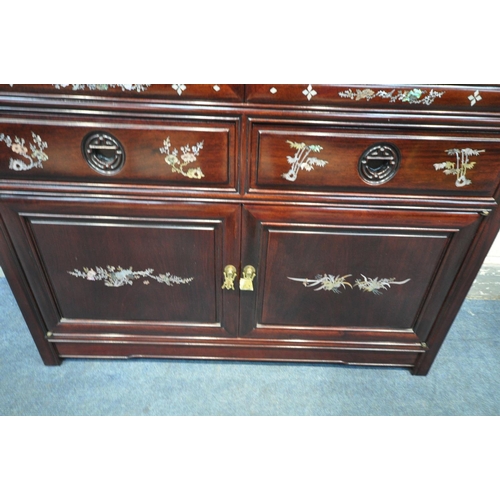 1214 - A 20TH CENTURY CHINESE GLAZED TWO DOOR DISLPAY CABINET, enclosing two glass shelves, with two drawer... 