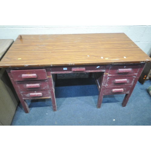 1225 - A PARTIALLY PAINTED DESK, with an oak veneer finish, length 138cm x depth 69cm x height 77cm, along ... 