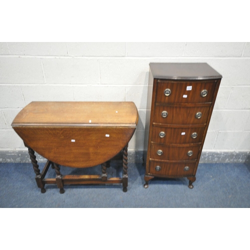 1228 - A TALL MAHOGANY CHEST OF FIVE DRAWERS, width 44cm x depth 35cm x height 104cm, and an oak barley twi... 