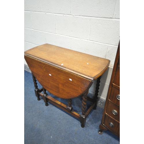 1228 - A TALL MAHOGANY CHEST OF FIVE DRAWERS, width 44cm x depth 35cm x height 104cm, and an oak barley twi... 