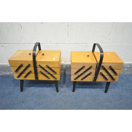 1229 - TWO BEECH CANTILEVER SEWING BOXES, one with sewing accessories (condition:-loose lid and water stain... 