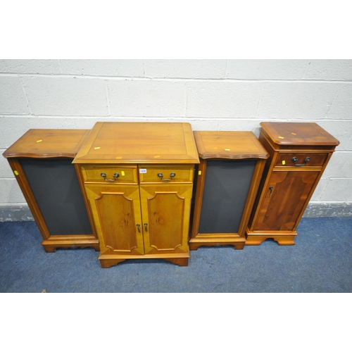 1235 - A YEW WOOD HIFI CABINET, with two doors, width 58cm x depth 45cm x height 83cm, with a pair of speak... 