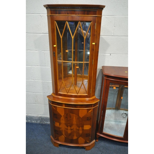 1236 - A YEW WOOD GLAZED TWO DOOR DISPLAY CABINET, width 82cm x depth 36cm x height 114cm, along with a yew... 