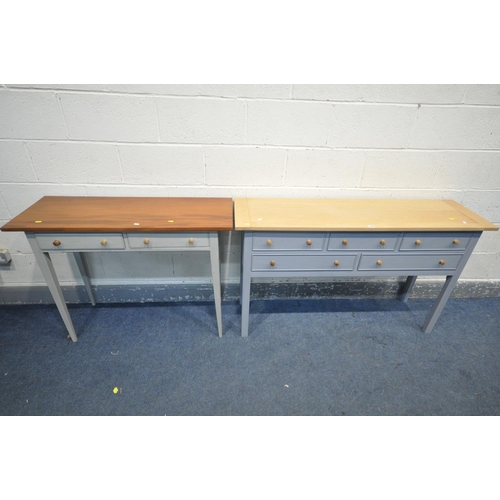 1240 - A BESPOKE PARTIALY GREY PAINTED SIDEBOARD, with five various drawers, length 133cm x depth 38cm x he... 