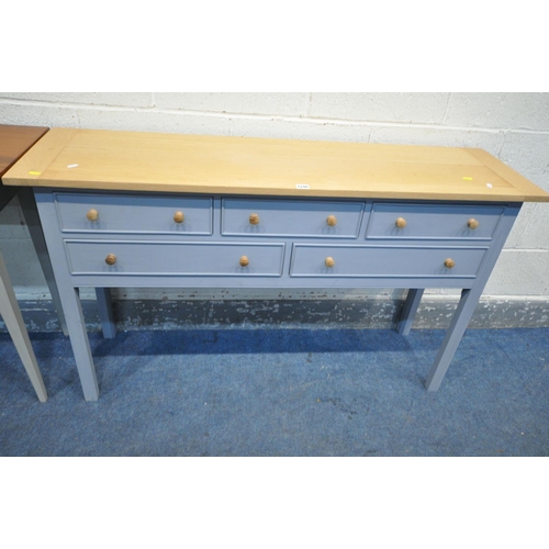 1240 - A BESPOKE PARTIALY GREY PAINTED SIDEBOARD, with five various drawers, length 133cm x depth 38cm x he... 