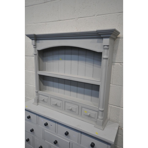 1242 - A GREY PAINTED NARROW CHEST OF FOURTEEN DRAWERS, width 122cm x depth 28cm x 90cm, and a painted dres... 