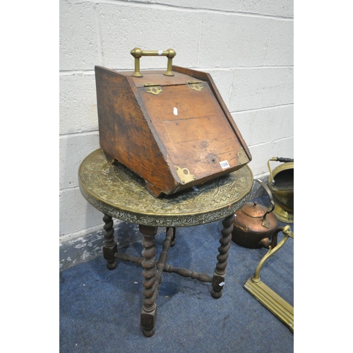 1246 - A VICTORIAN BRASS FENDER, length 134cm, a brass balance scale, a brass coal scuttle, a copper kettle... 