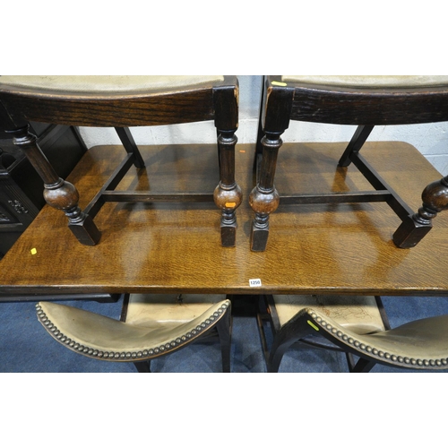 1250 - AN OAK REFECTORY TRESTLE DINING TABLE, length, 156cm x depth 79cm x height 74cm, and four chairs, al... 