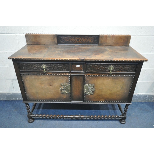 1254 - A 20TH CENTURY OAK SIDEBOARD, with a raised back, two drawers over two cupboard doors, on barley twi... 