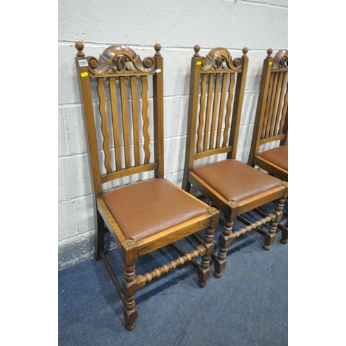 1257 - A SET OF FOUR OAK DINING CHAIRS, with scrolled top rails