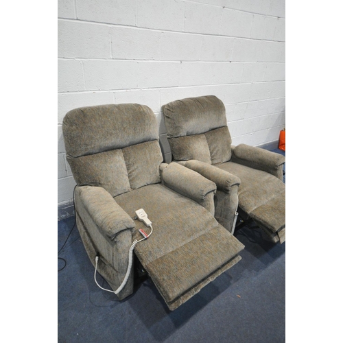 1262 - TWO PRIDE UPHOLSTERED ELECTRIC RISE AND RECLINE ARMCHAIRS (PAT pass and working)