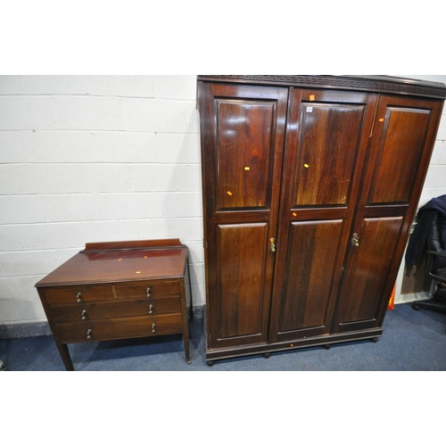 1265 - AN EDWARDIAN WALNUT BEDROOM SUITE, comprising a triple door wardrobe, width 150cm x depth 53cm x hei... 