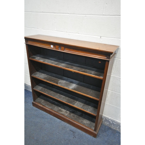 1268 - A 20TH CENTURY WALNUT OPEN BOOKCASE, with three adjustable shelves, width 122cm x depth 32cm x heigh... 