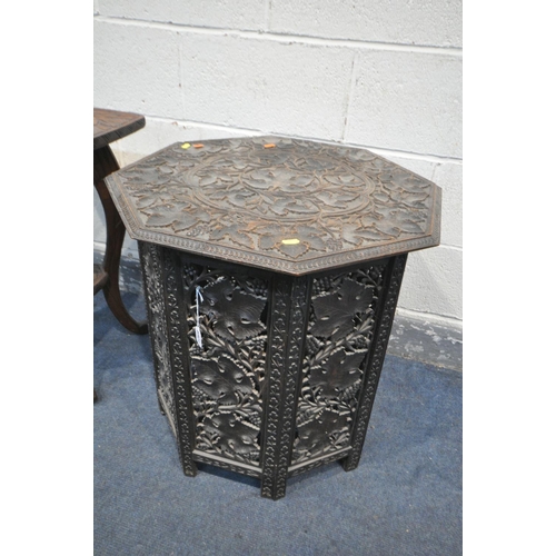 1269 - AN ANGLO INDIAN CARVED HARDWOOD OCTAGONAL FOLDING OCCASIONAL TABLE, with open fretwork detail, 61cm ... 