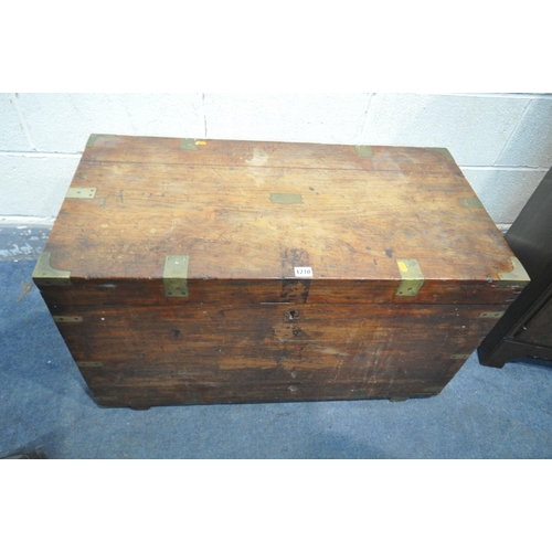 1270 - A HARDWOOD CAMPAIGN CHEST, with twin metal handles (condition - surface marks and stains)